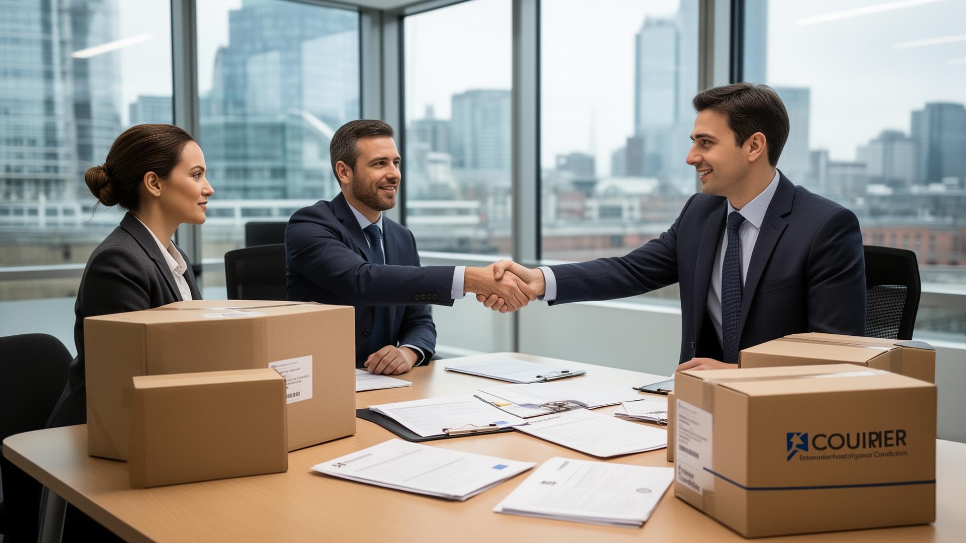 Business professionals shaking hands in a London office with courier packages on desk, representing B2B courier partnership and corporate delivery services
