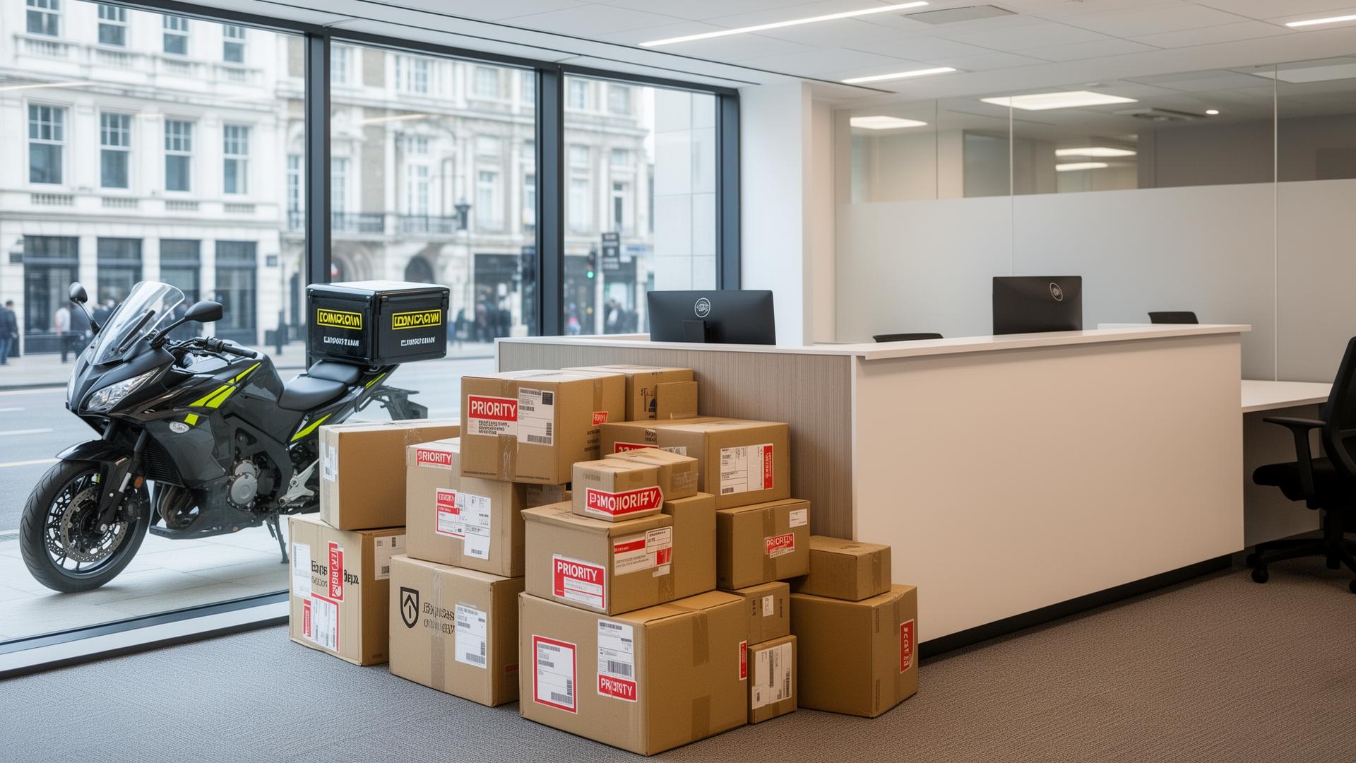 Priority delivery packages stacked in modern London office reception with courier motorcycle visible through window