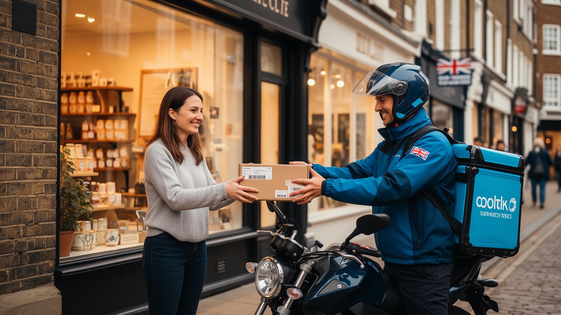 Local London business owner receiving parcel delivery from friendly motorcycle courier on British high street