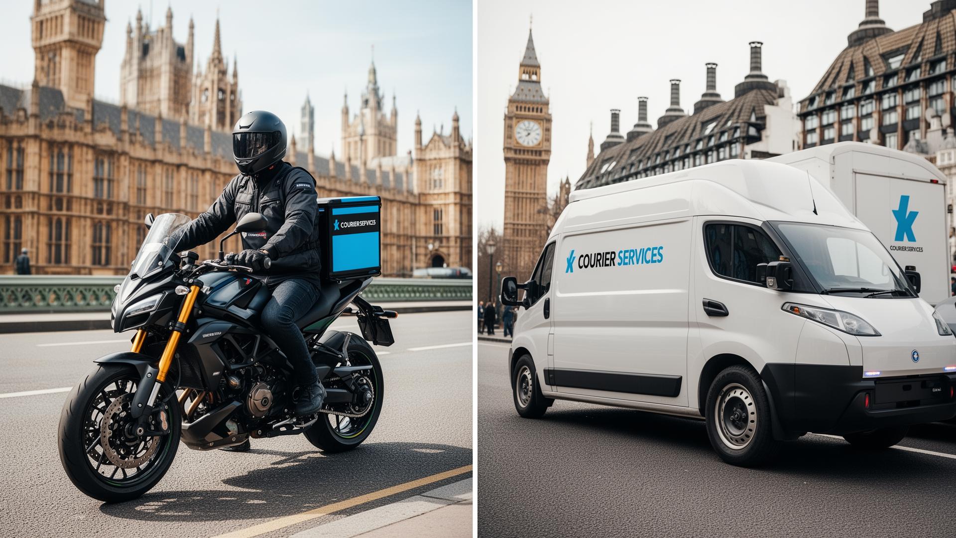 Side-by-side comparison of a motorcycle courier and delivery van in London, showing the contrast between agile bike delivery and larger vehicle transport