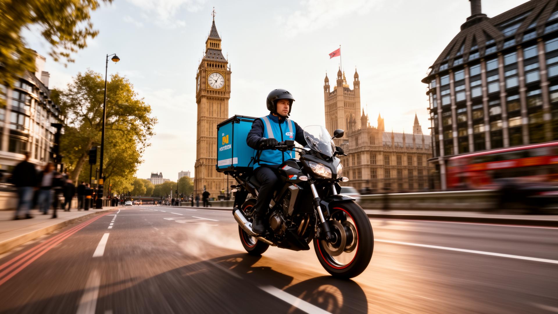 Motorcycle courier riding through London streets with Big Ben and Parliament in the background, delivering packages for same-day service