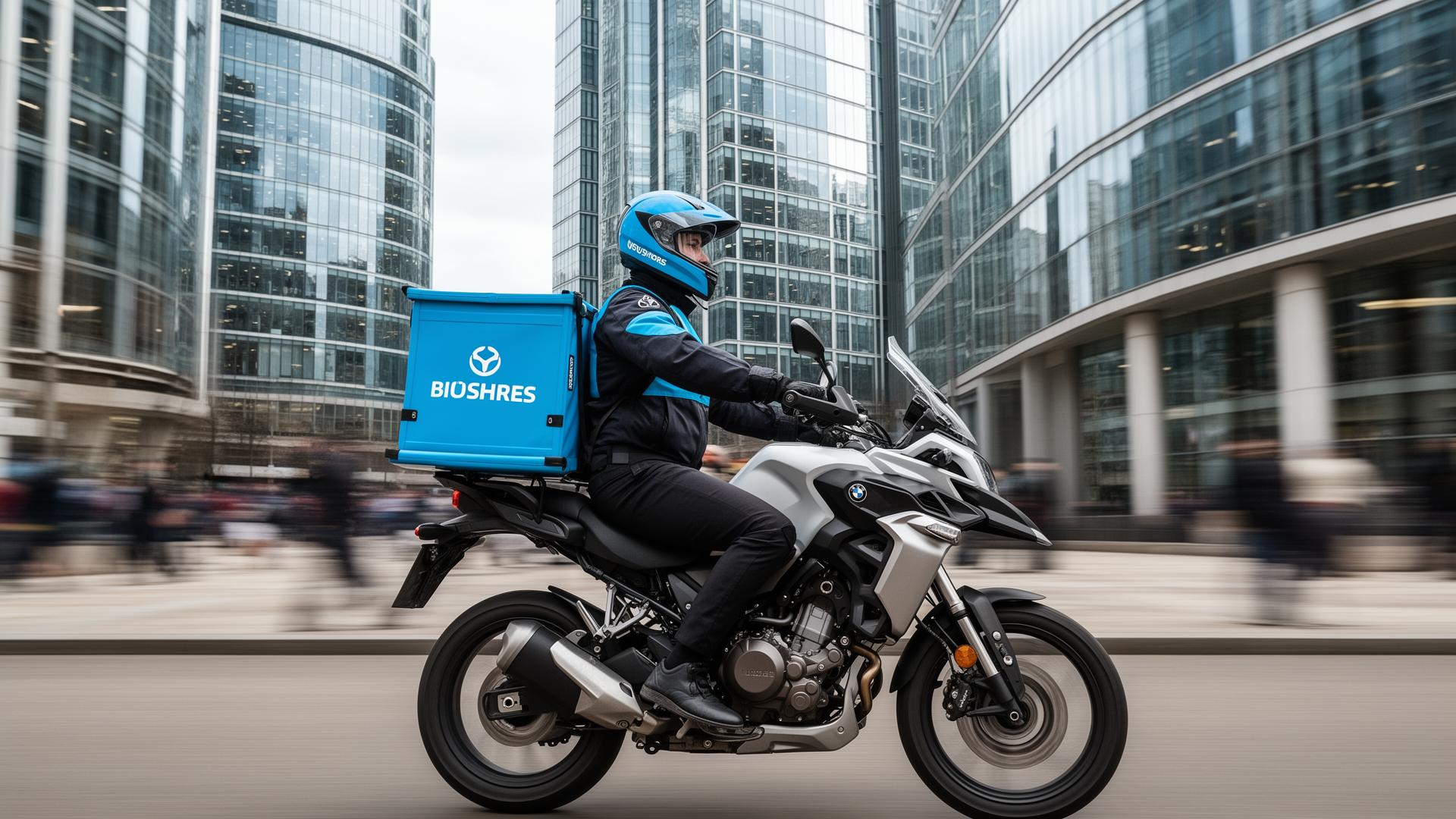 Motorcycle courier riding through London financial district delivering urgent packages between glass skyscrapers